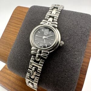 Maurices Ladies Silver Tone Quartz Watch Black Dial Roman Numerals Link Band